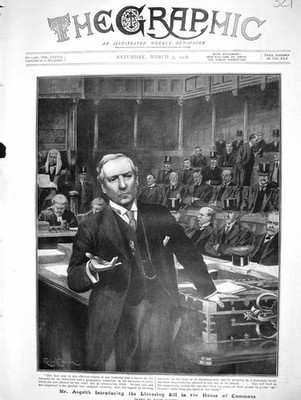 Original alter antiker Druck 1908 Asquith Lizenzgesetz House Commons Parlament