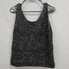 Vintage Black Sequin Beaded Fringe Wool Shell Top Hand Beaded Hong Kong Large