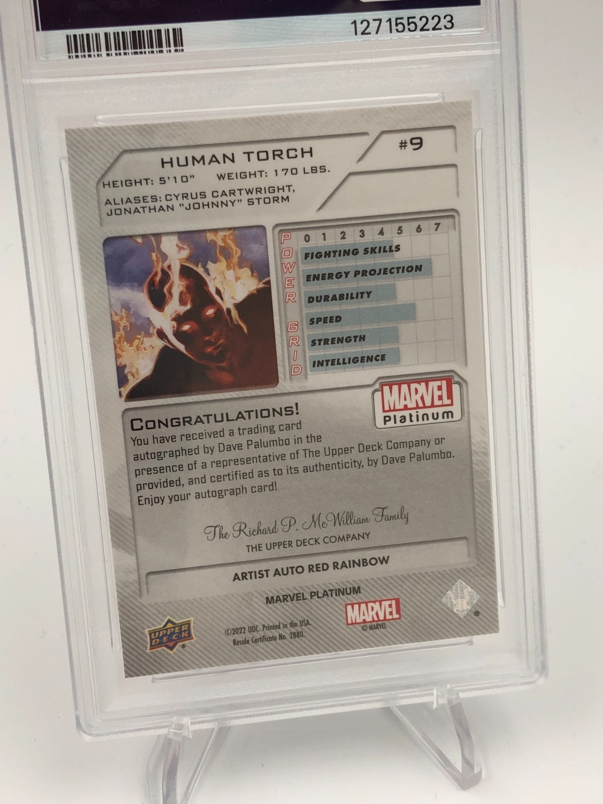 DAVID PALUMBO AUTO card 2023 MARVEL PLATINUM Art HUMAN TORCH Signed grade PSA 9 view 4