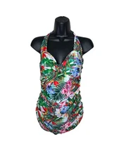 Unique Vintage Ruched Mansfield One Piece tank Swimsuit colorful Tropical Size L