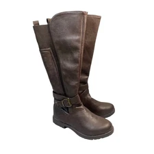 GC Shoes Women Size 8 Brown Faux Leather Riding Boots Knee High Buckle Zip