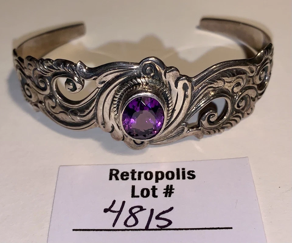 925纯银紫水晶金银卷轴开口袖口手链 — 第 2/4 张图片