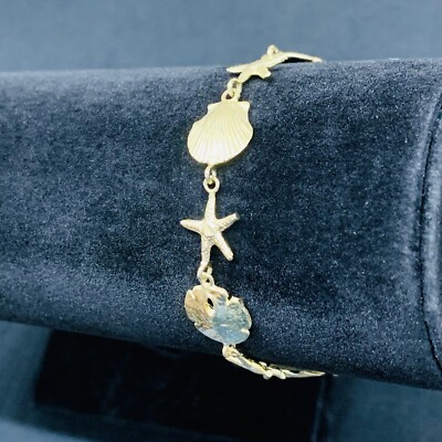 14k Gelbgold Muschel Austernsand Dollar Seestern Muschel Gliederarmband 7'' 8,2 g