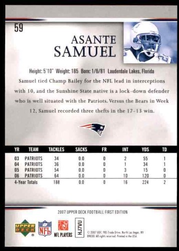 2007 UPPER DECK FIRST EDITION ASANTE SAMUEL #59 - Picture 2 of 2