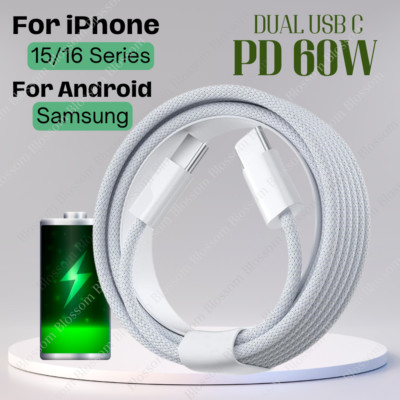 USB-C To USB-C Cable 60W PD Type C Fast Charge Cord For iPhone 16 15 Samsung Lot