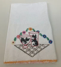Vintage Embroidered Kitchen Tea Towel Scottie Dogs Orange Border Farmhouse