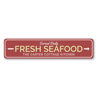 Personalized Fresh Seafood Arrow Served Daily Family Name Beach - Aluminum