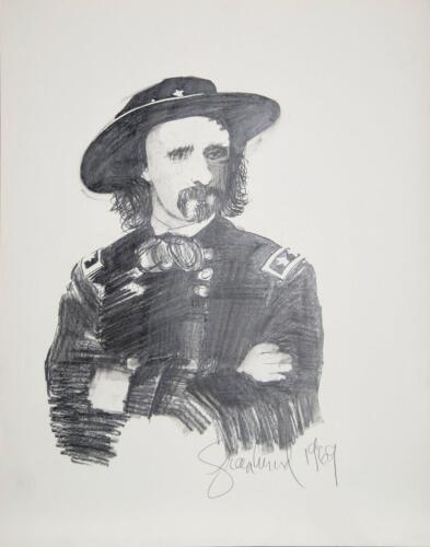Greenlund,Général George Armstrong Custer (1839 - 1876),Graphite On Papier,Sig - Afbeelding 1 van 3