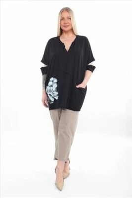 DIVAS PLANET Trendmodell Tunika Long-Shirt mit Zip + Tasche 48-50-52-54 schwarz - Bild 1 von 4