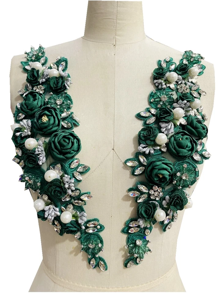 1 par de apliques de boda de novia con cuentas de cristal parche de encaje floral con flores 3D Foto 4 de 4