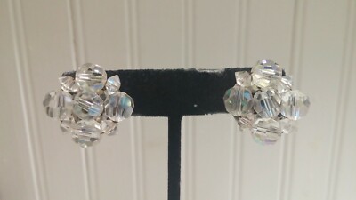 Vintage Silvertone Metal AB Crystal Cluster Disk Clip-On Earrings
