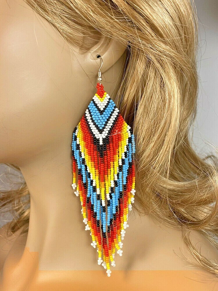 NATIVE STYLE ETHNIC SUN COLORS BEADED HANDMADE FASHION BIG HOOK EARRINGS E61/6