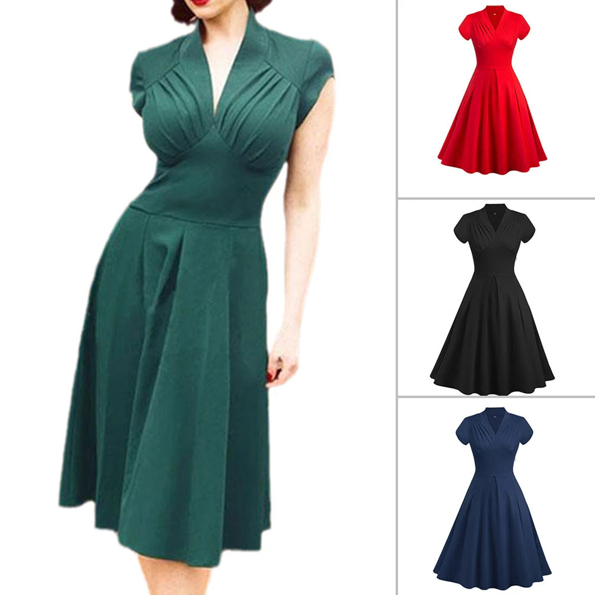 Women Vintage Cocktail Party Evening Swing Dress Ruched V NeckFormal Dresses