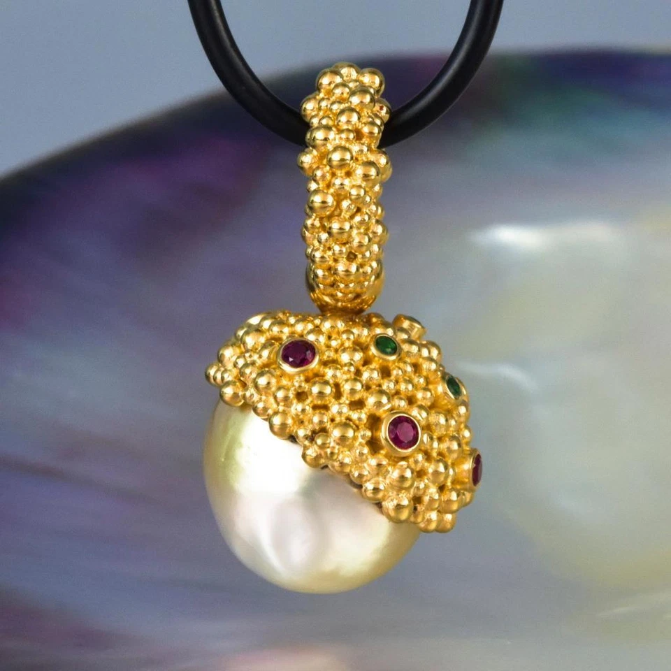 Gigantische South Sea Pearl Pendant,Gold Vermeil Sterling,Rosa & Smaragd 10.92g - Bild 4 von 4