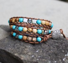Women's Turquoise Beaded 3x Wrap Bracelet Multi Gemstone leather Bracelet USA