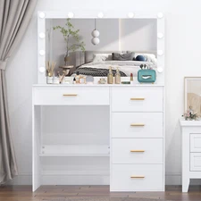 White Vanity Desk Make Up Dressing Table Set w/ LED Lighted Mirror 5 Drawer