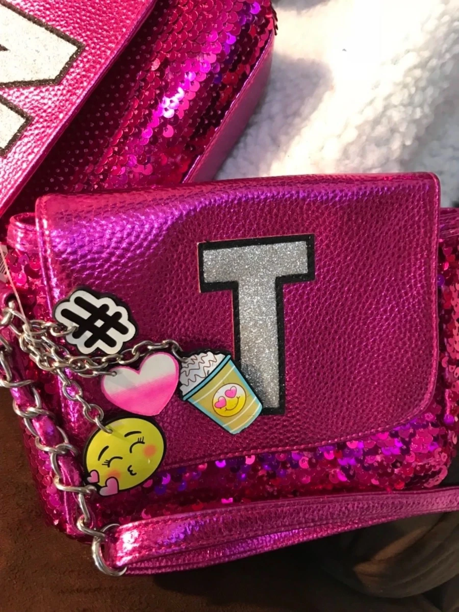 JUSTICE PINK SEQUIN GLITTER INITIAL BAG A C D G J N T EMOJI LATTE CHARMS