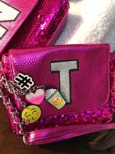 JUSTICE PINK SEQUIN GLITTER INITIAL BAG A,C,D,G,J,N,T  ,EMOJI,LATTE,     CHARMS