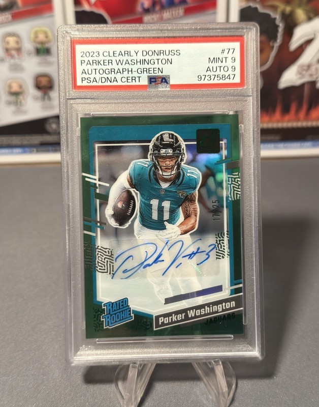 2023 Panini Donruss Clearly Parker Washington Rated Rookie Auto Green /25 PSA 9