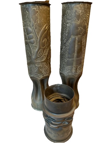 WW Trench Art Brass Shell Casing Vase 13.5”  Floral Design & 5.75” Militaria Lot