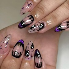 24Pcs Halloween Black Ghost Press on Nails Medium Almond Halloween Fake Nails-2