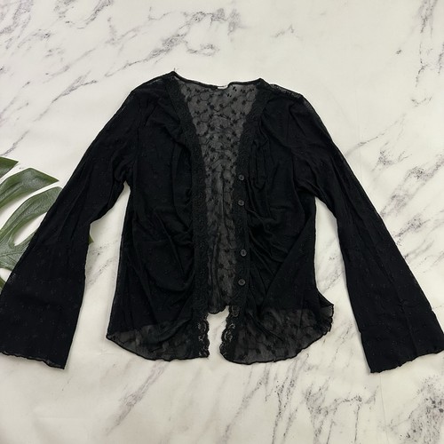 Womens Vintage Y2k Sheer Floral Mesh Top Size L Black Bell Sleeve Button Up - Image 1