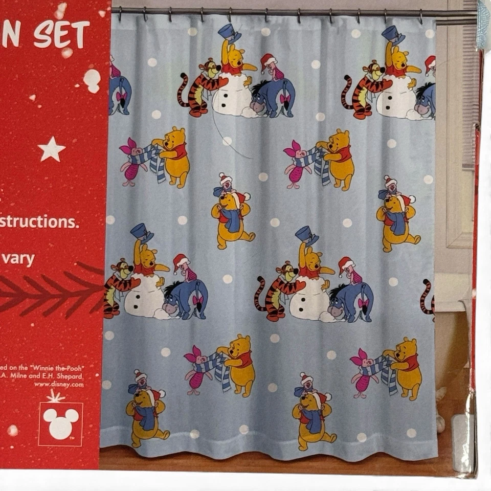 Conjunto de cortina de chuveiro Disney Winnie the Pooh 13 peças 72x72 Natal com ganchos de metal - Imagem 4 de 4
