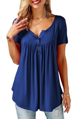 Damen Sommer Chic Knopf Tunika lang V-Ausschnitt Kurzarm T-Shirt weit