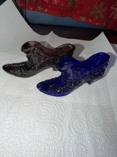 Fenton Daisy and Button Dark Amethyst Purple Glass And Cobalt Blue Shoes