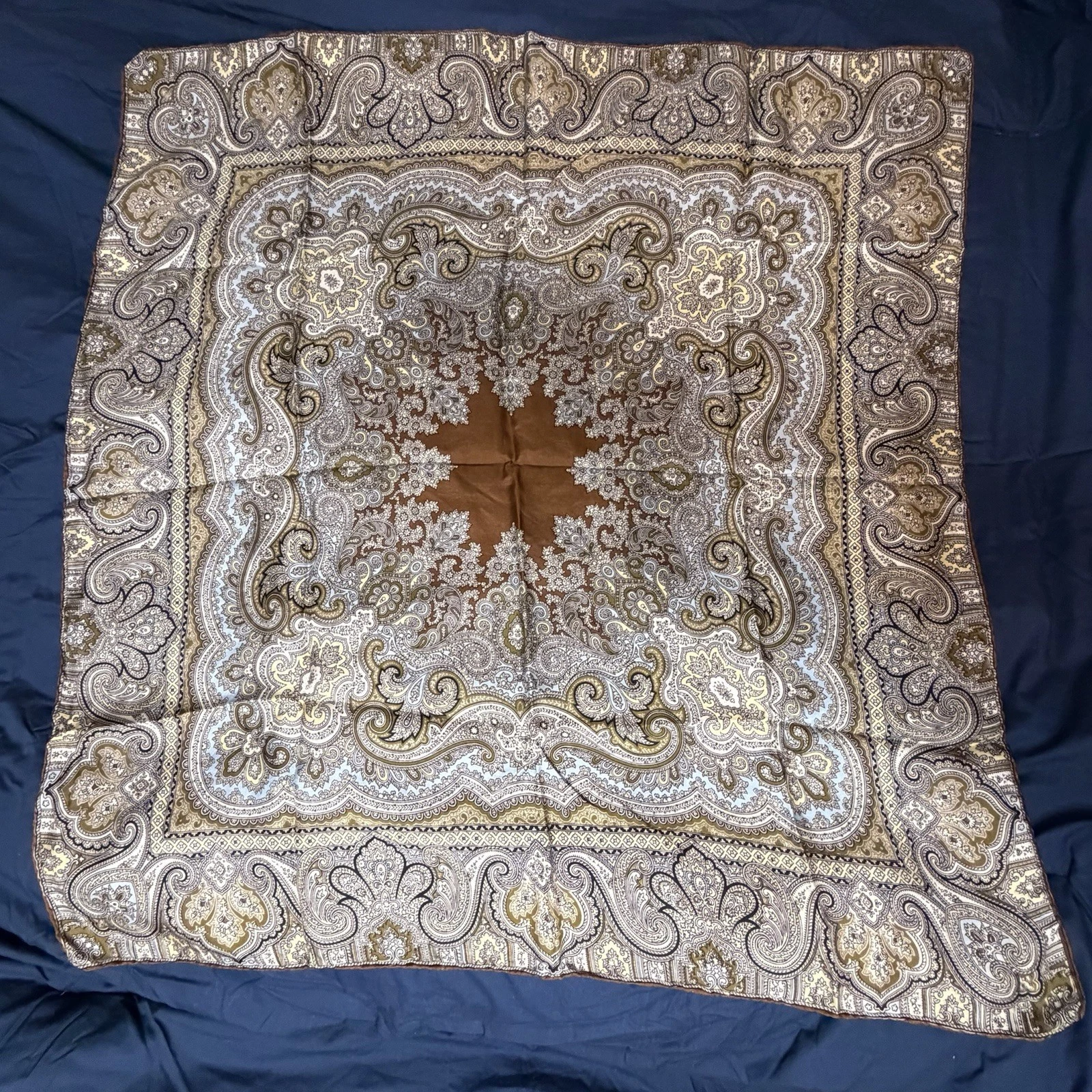 Silk Square Scarf Beige Paisley Purse Scarf 30x29 Hand Rolled Edge