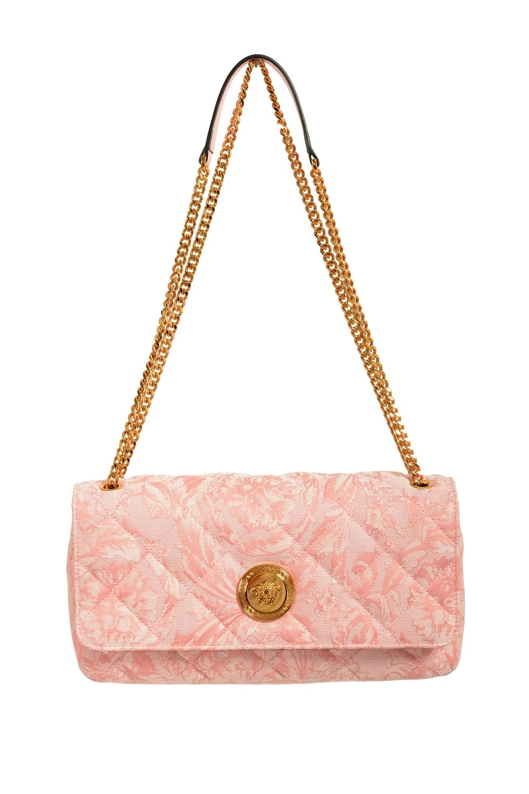Versace Women's Pink Jacquard Gold Medusa Quilted Handbag Shoulder Bag