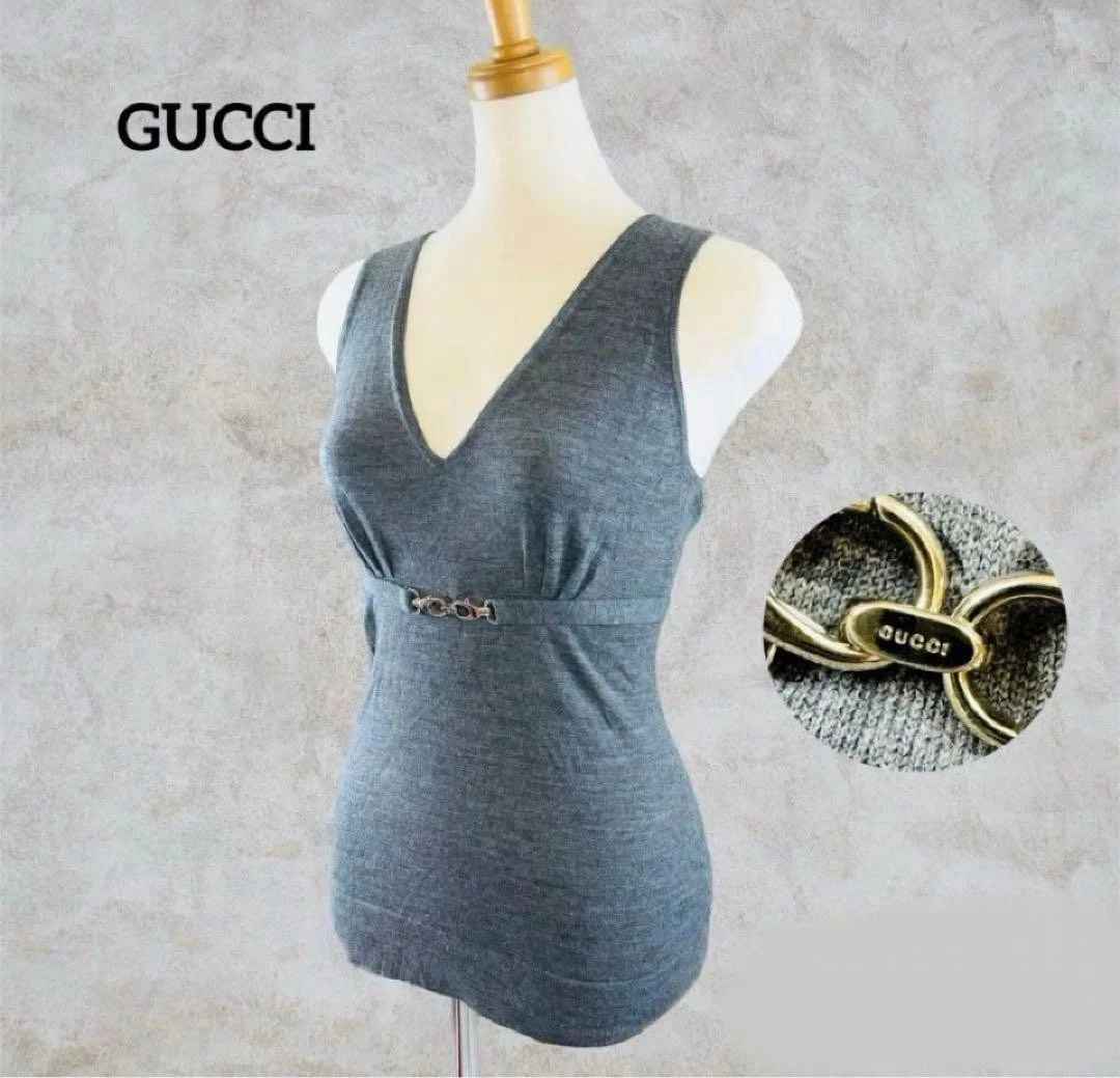 Ceinture femme GUCCI sans manches tricot col V laine ferrures métal argenté gris F/S fr