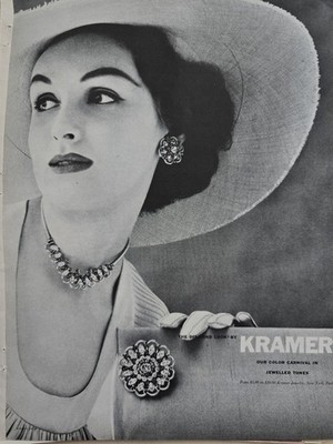 1953 Kramer Necklace Earrings Pin Vintage Jewelled Tones Jewelry ad
