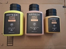 3 bottles Arteza Premium Acrylic Paint Lemon Yellow Ochre Pearl Copper Gold New!