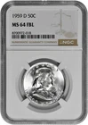 1959 D 50C BU Silver Franklin Half Dollar NGC Graded MS 64 FBL White Coin