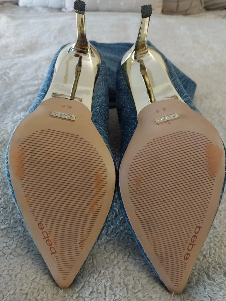 NUEVO POST Bota Rodillera Bebe Talla 8.5 4" Tacón Dorado/Fondo Denim Stiletto Foto 4 de 4