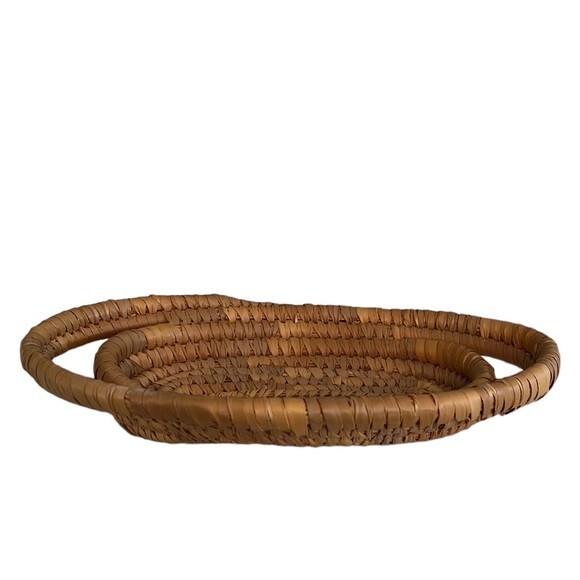 Handmade Basket Woven Straw Double Handled MultiTone Oval Coiled Boho