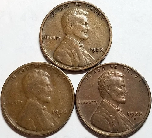 1928 PDS Lincoln Penny set VG-VF (3 coins) Free Shipping