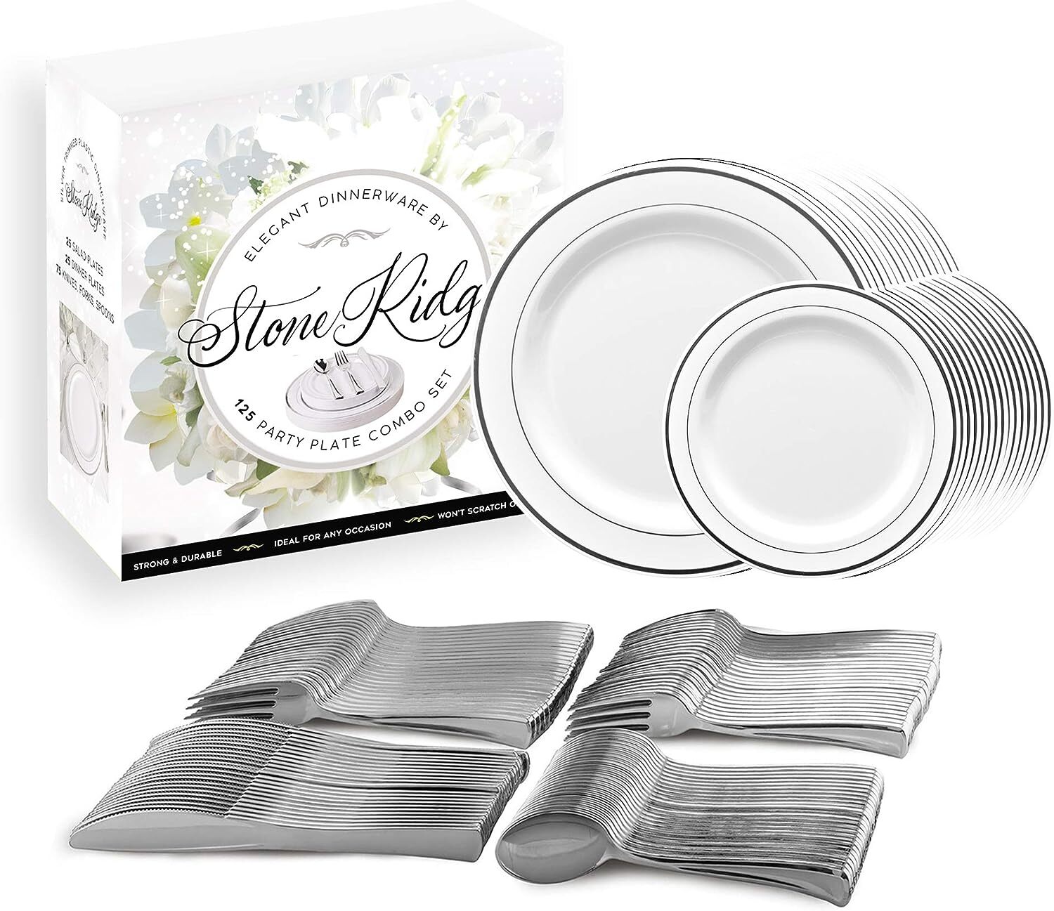 125 Pack Classy Disposable Plates with Plastic Silverware, Set Includes 25 Each
