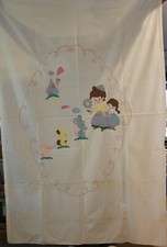 VTG Cotton Crib Baby Toddler Child Top Sheet Applique Hand Embroidered 47" x 72"