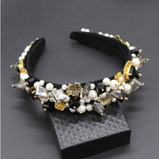 LUXURY HANDMADE BLACK/GREY RHINESTONE HEADBAND WITH GOLD FLOWERS/WHITE PEARLS