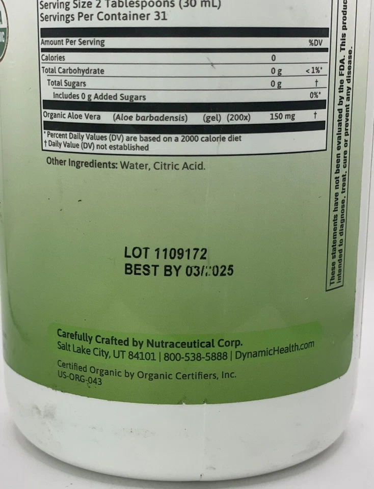 Jugo de Aloe Vera Orgánico, 32 fl oz (946 ml) 03/2025 SELLADO Foto 4 de 4