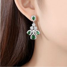 Vivid Green Emerald  CZ Chandelier Drop Shaped Flowers Leaves Dangle Earrings