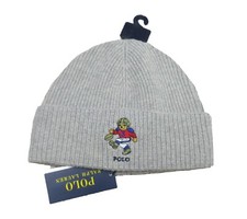 Polo Ralph Lauren Men's Grey Heather Polo Bear Graphic Wool Ribbed Cuff Beanie
