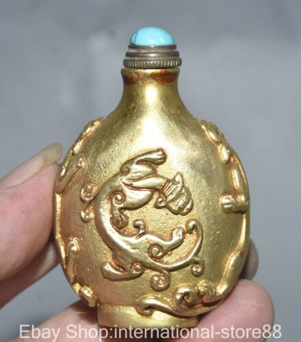 2.8" Old Chinese Copper Gilt Dynasty Palace Dragon Beast Pattern Snuff Bottle