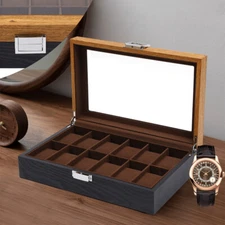 12 Slots Vintage Wooden Watch Box Organizer Watch Display Case with Glass Top