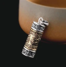 925 Sterling Silver Spinning Om Prayer Box Locket Cylindrical Pendant A2083