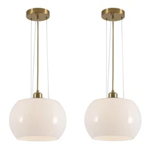 Gold Dome Pendant Lighting Milk White Globe Glass Pendant Light Adjustable Ha...