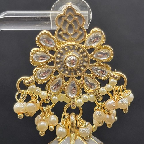 Gold Plated Kundan Jhumka Monalisa CZ Stones Indian Bollywood Flower Earrings - Picture 3 of 15
