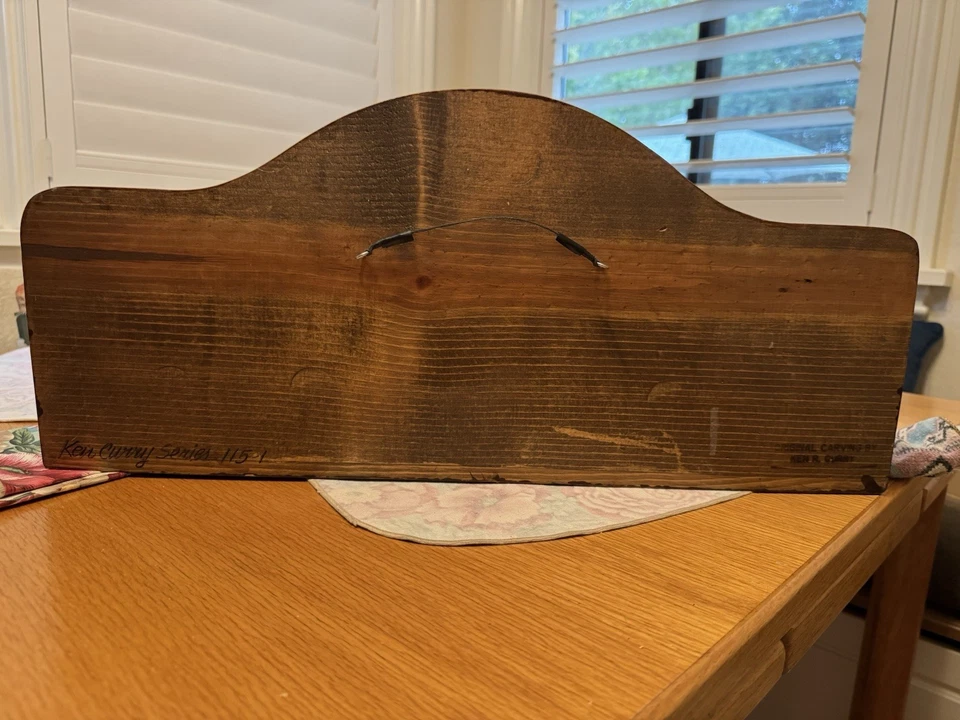 Ángel con cuerno original tallado a mano Ken R curry escultura de madera firmada Foto 2 de 4